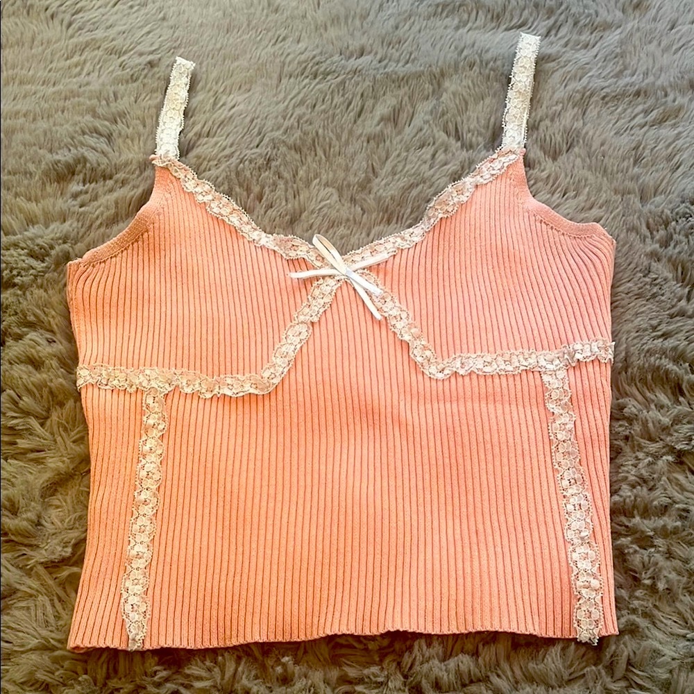 Pink Lace Trim Ribbed Women's Top